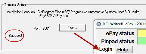 The Paypros login window opening from the Test button.